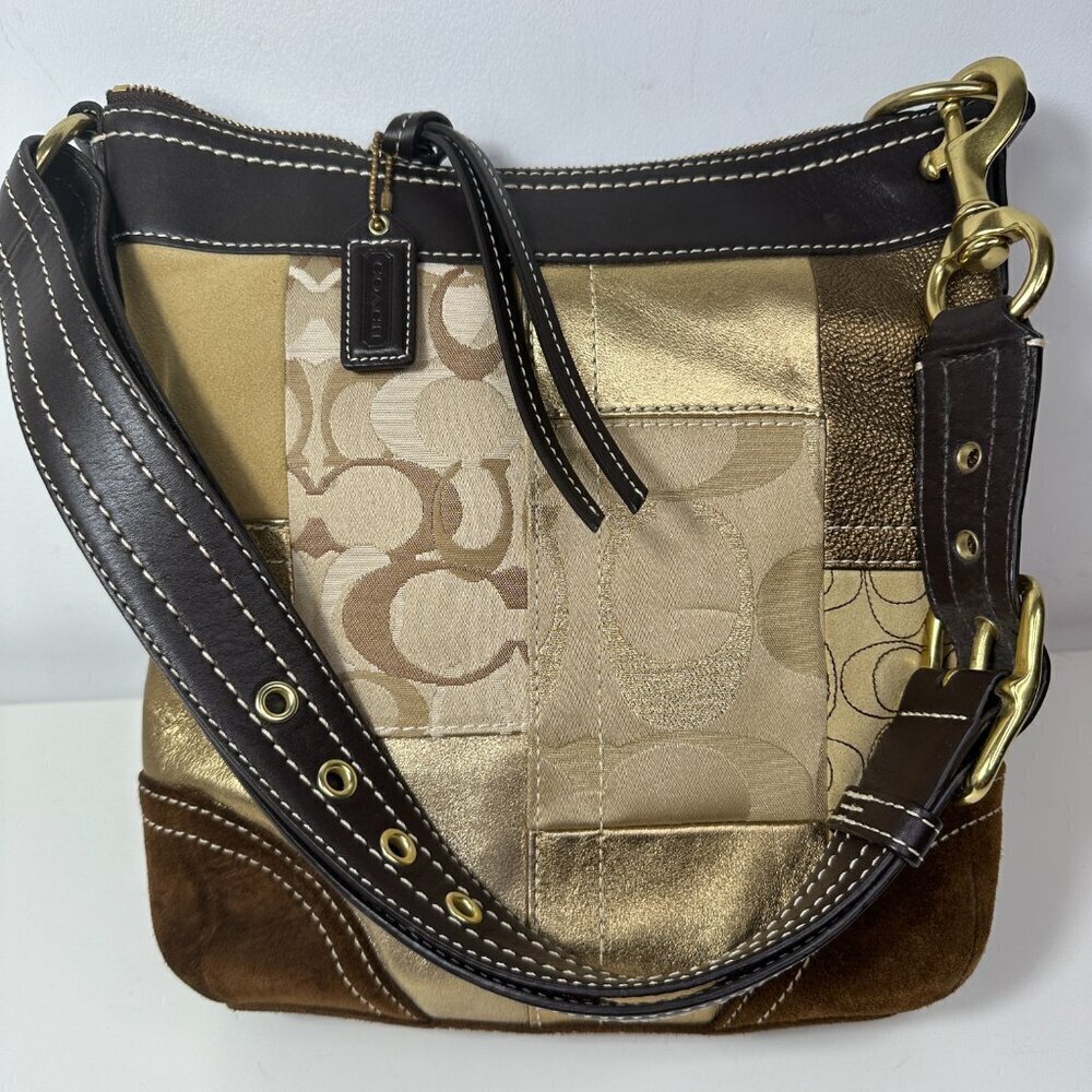 Y2K Vintage Coach Signature Patchwork Gold Medium Shoulder Crosbody Bag F10387 - Picture 2 of 16